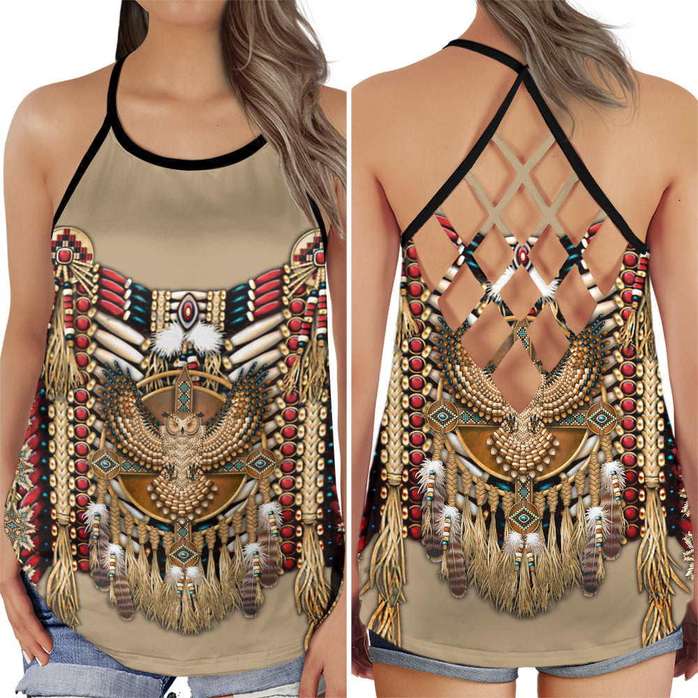 S Native Americans Peace Love Owls - Cross Open Back Tank Top - Owls Matrix LTD