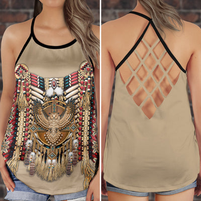 Native American Peace Pattern With Brown - Cross Open Back Tank Top - Owls Matrix LTD