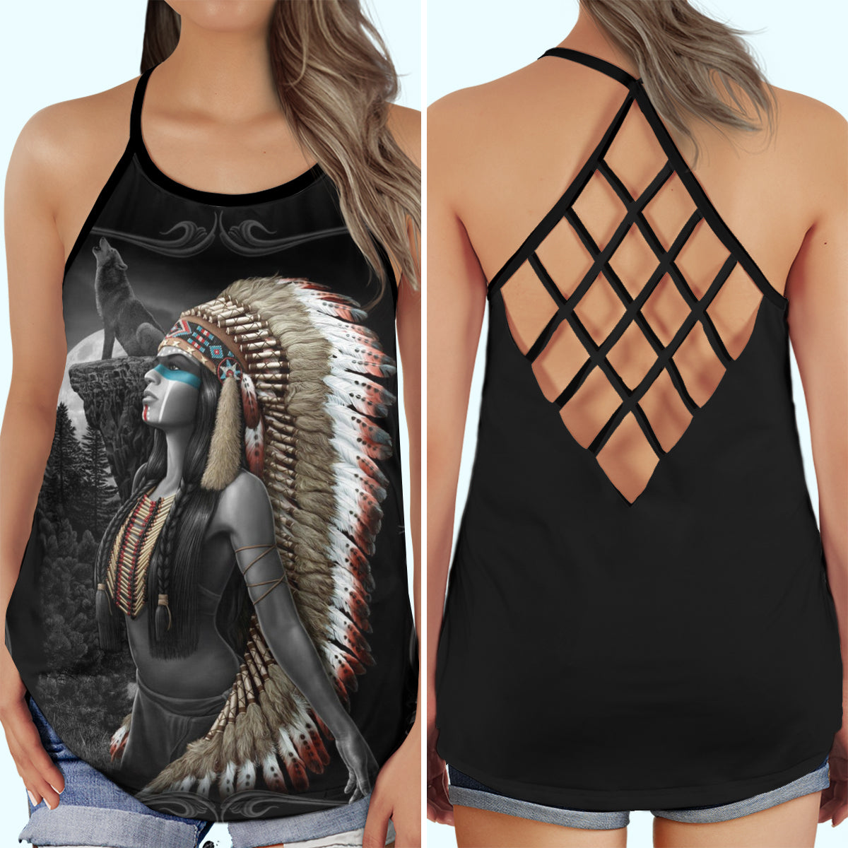 Native American Peace Girl - Cross Open Back Tank Top - Owls Matrix LTD