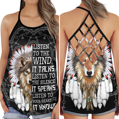 S Native Americans Peace Listen To The Wind - Cross Open Back Tank Top - Owls Matrix LTD