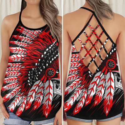 Native Americans Peace With Red Style - Cross Open Back Tank Top - Owls Matrix LTD