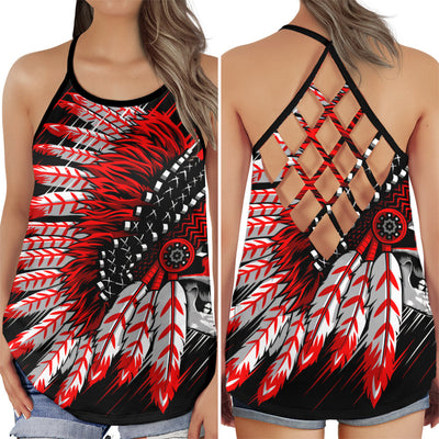 S Native Americans Peace With Red Style - Cross Open Back Tank Top - Owls Matrix LTD