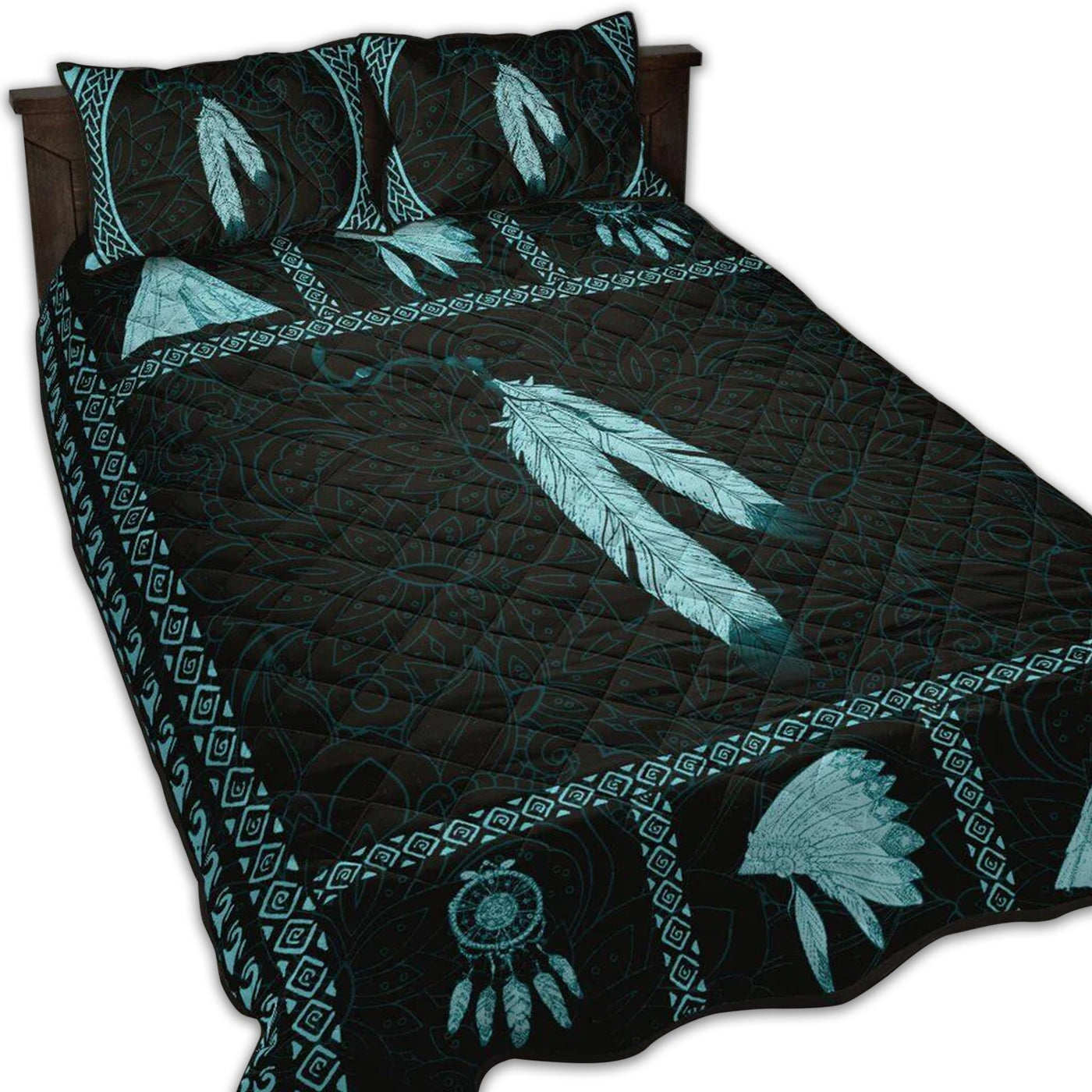 TWIN ( 50 x 60 INCH ) Native And Feather Blue - Quilt Set - Owls Matrix LTD