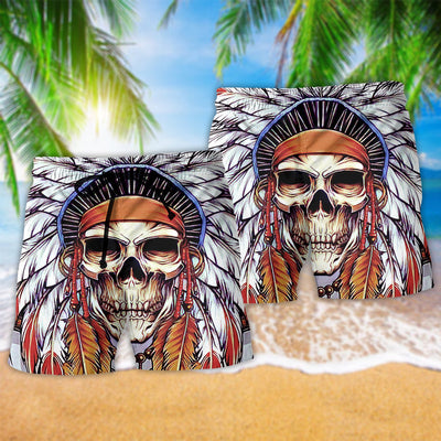 Native Style Love Peace Skull Feather - Beach Short - Owls Matrix LTD