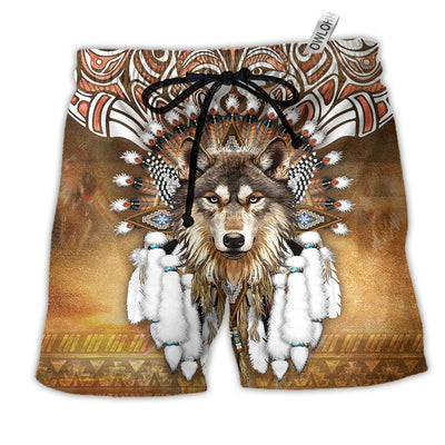 Beach Short / Adults / S Native Wolf King Feather Style - Beach Short - Owls Matrix LTD