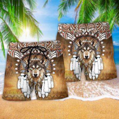 Native Wolf King Feather Style - Beach Short - Owls Matrix LTD