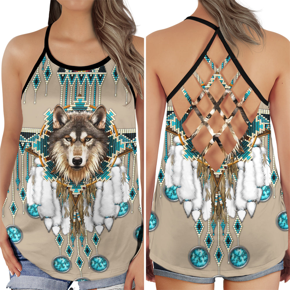 S Native Wolf Love Dreamer Style With Classic Style - Cross Open Back Tank Top - Owls Matrix LTD