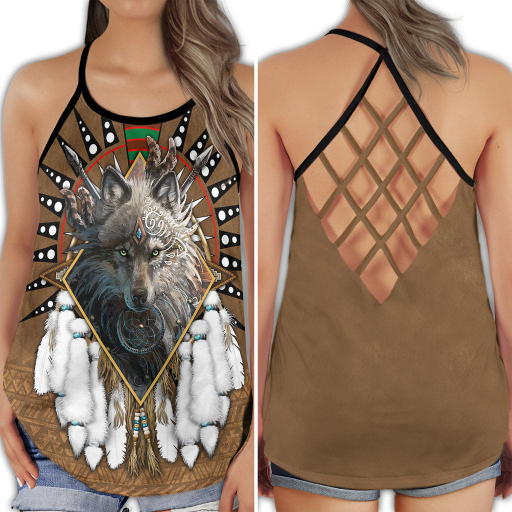 S Native Wolf Dreamcatcher Brown Pattern - Cross Open Back Tank Top - Owls Matrix LTD