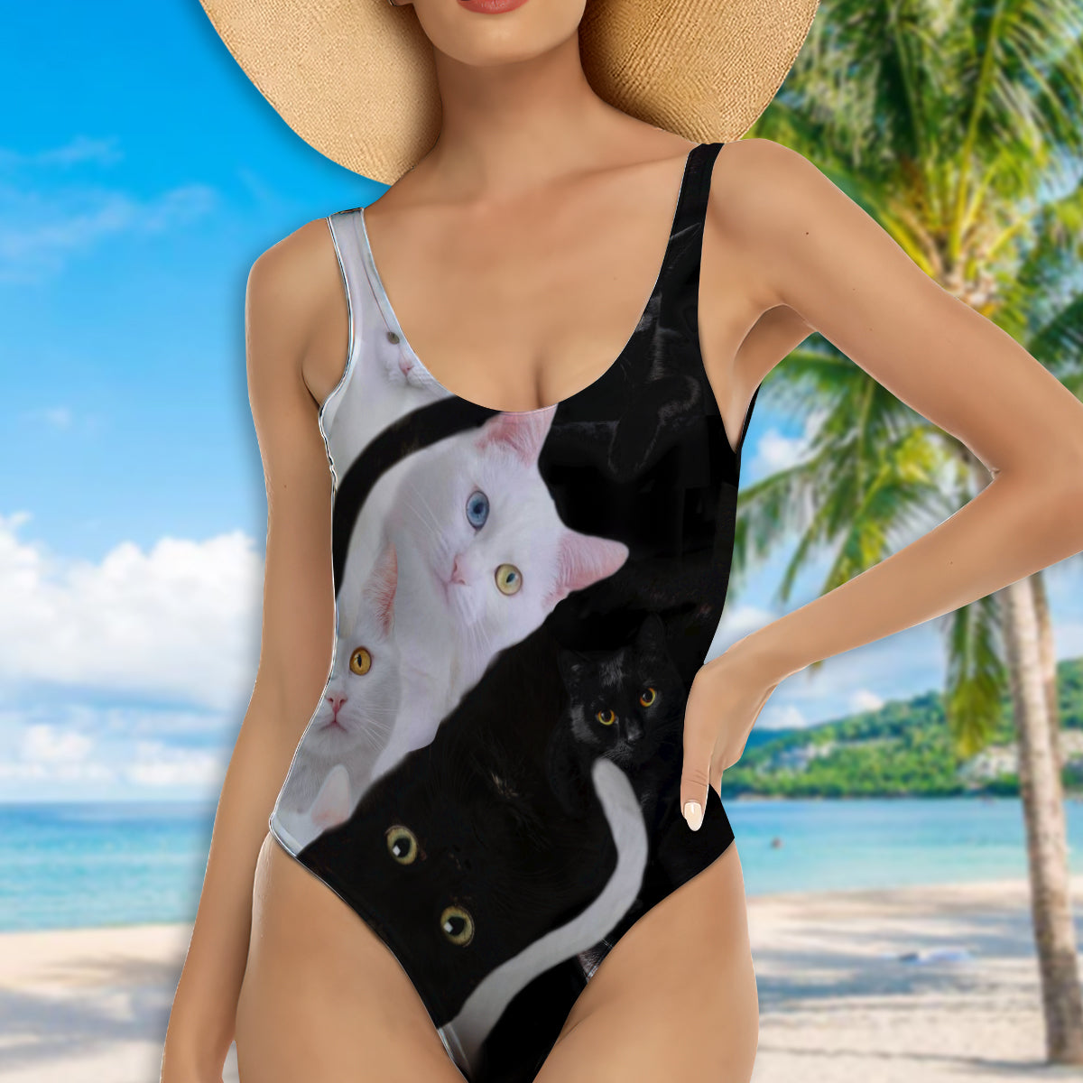 Cat Black And White - One-piece Swimsuit - Owls Matrix LTD