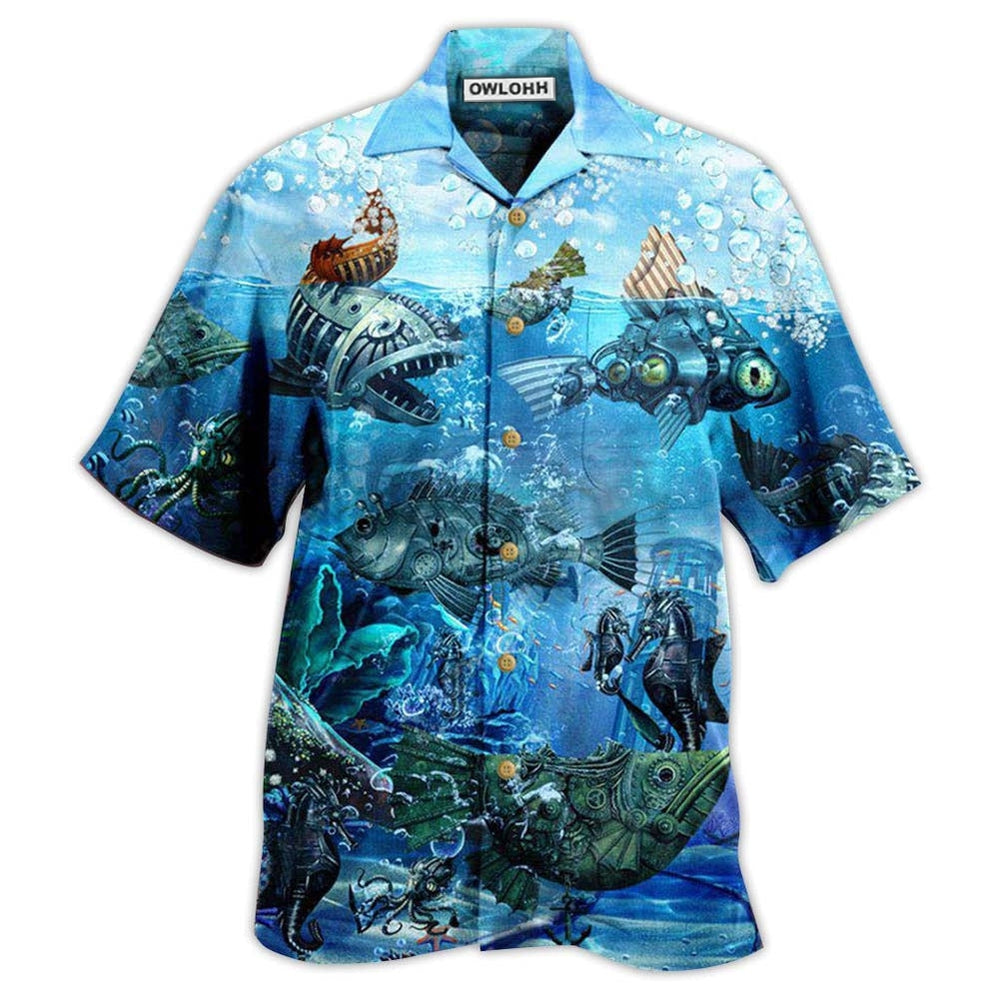Hawaiian Shirt / Adults / S Fishing Ocean Undersea Steampunk Fish - Hawaiian Shirt - Owls Matrix LTD