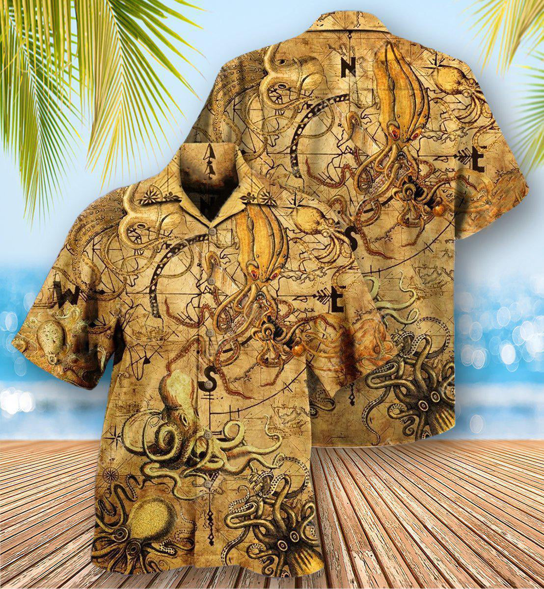 Octopus Hunting Treasure Vintage - Hawaiian Shirt - Owls Matrix LTD