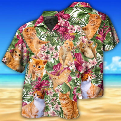 Cat Tropical Floral Orange Cat - Hawaiian Shirt - Owls Matrix LTD