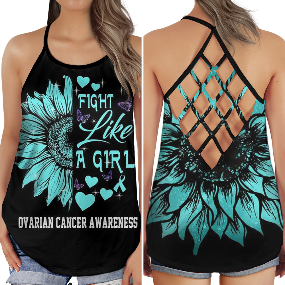 S Ovarian Cancer Awareness Fight Like A Girl - Cross Open Back Tank Top - Owls Matrix LTD