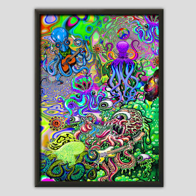 12x18 Inch Hippie Funny Octopus Love Music Colorful Ocean - Vertical Poster - Owls Matrix LTD