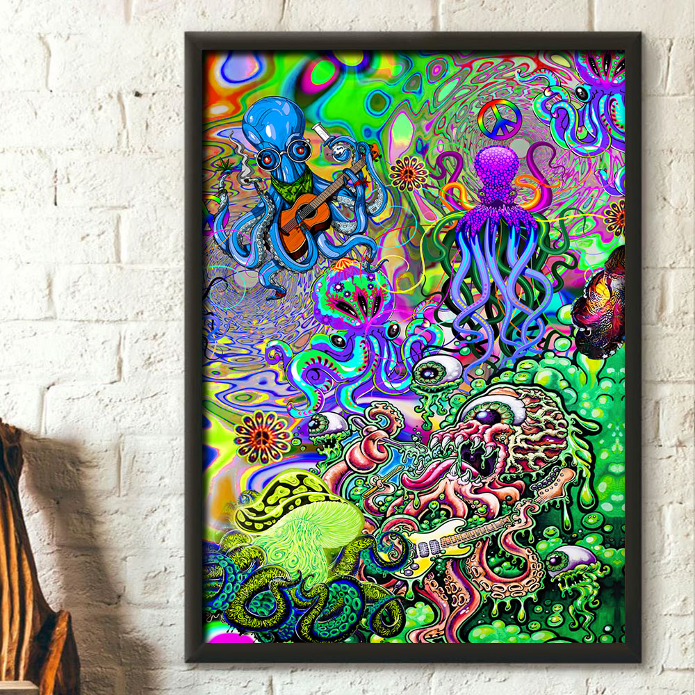 Hippie Funny Octopus Love Music Colorful Ocean - Vertical Poster - Owls Matrix LTD