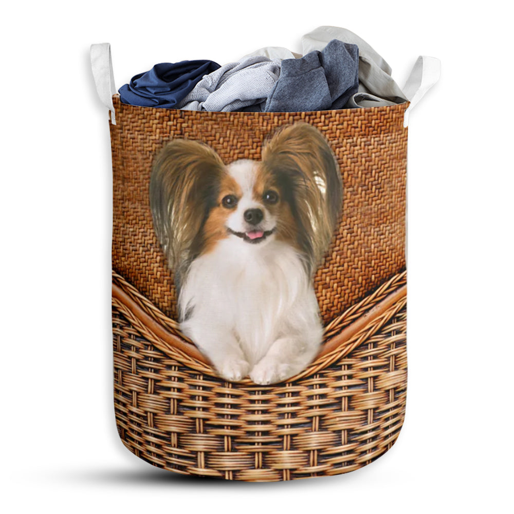 Dog Papillon Dog Rattan Teaxture - Laundry Basket - Owls Matrix LTD