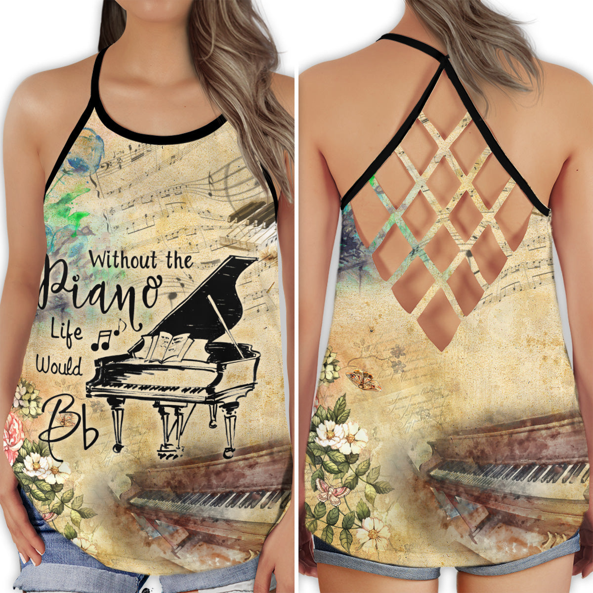 S Piano Is My Life Without Piano Life Wold BB - Cross Open Back Tank Top - Owls Matrix LTD