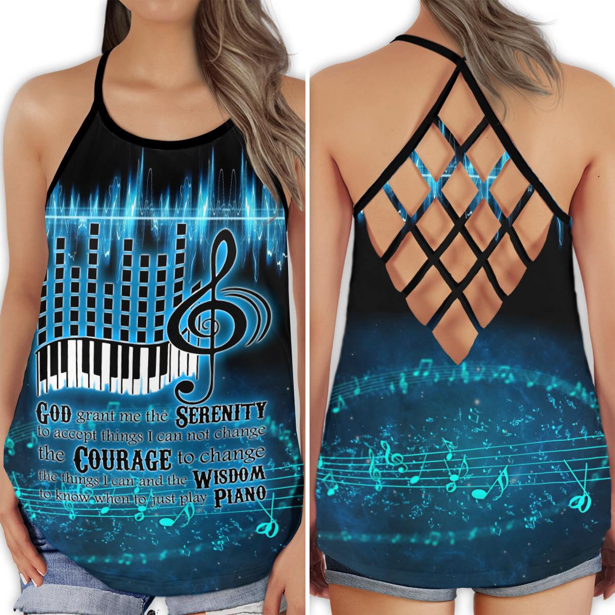 S Piano Is My Life Love Piano Forever - Cross Open Back Tank Top - Owls Matrix LTD