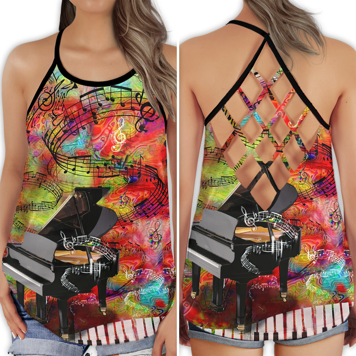 S Piano Is My Therapy - Cross Open Back Tank Top - Owls Matrix LTD