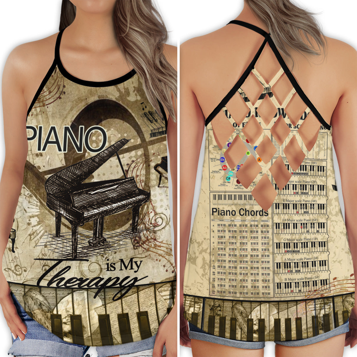 S Piano Is My Therapy Love Piano - Cross Open Back Tank Top - Owls Matrix LTD