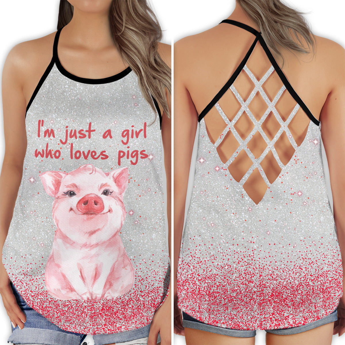 S Pig Just A Girl Whos Loves Pigs - Cross Open Back Tank Top - Owls Matrix LTD