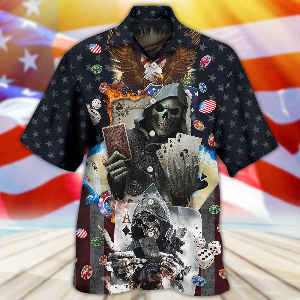 Poker Skull Flame US Flag Independence Day - Hawaiian Shirt - Owls Matrix LTD