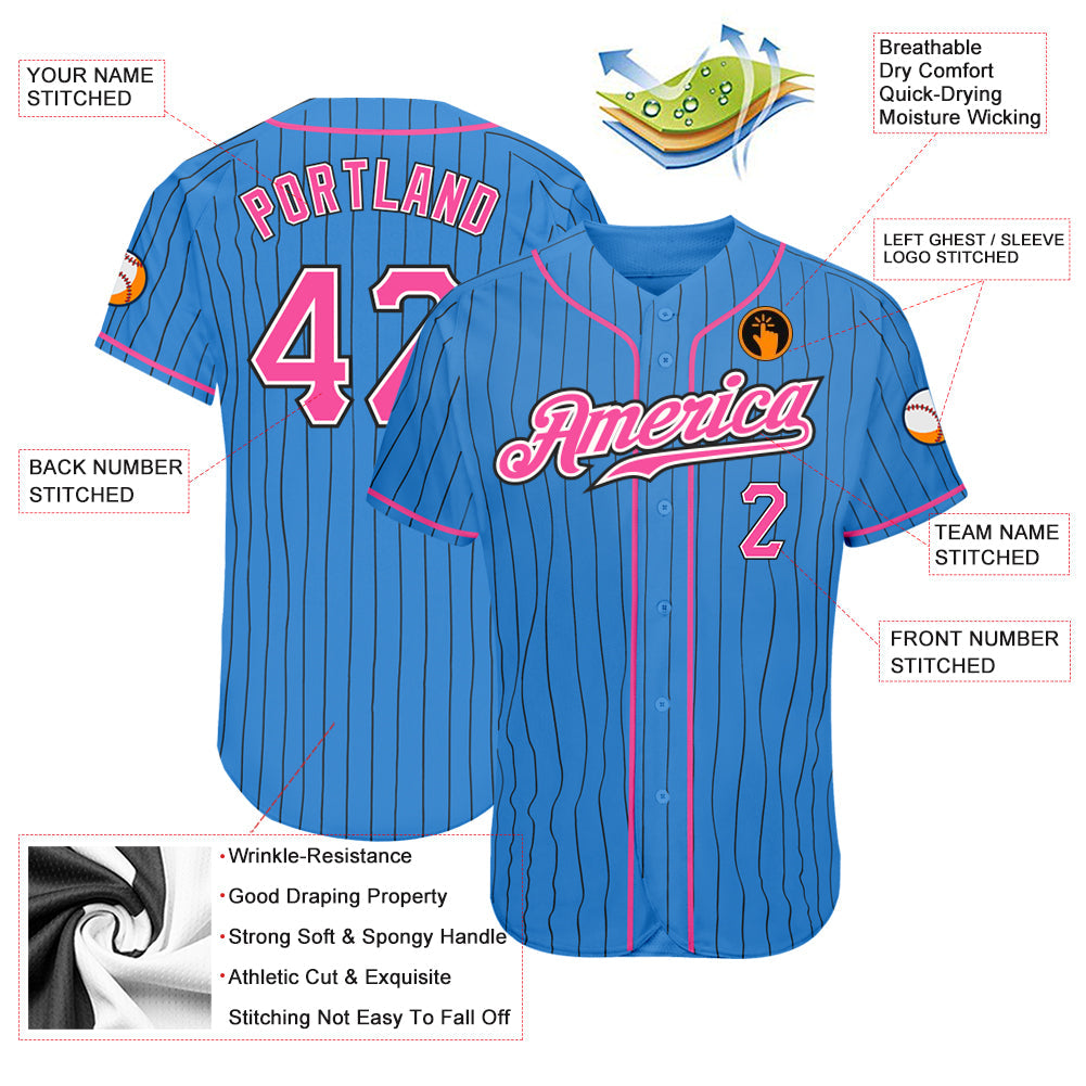 Custom Powder Blue Black Pinstripe Pink-White Authentic Baseball Jersey - Owls Matrix LTD
