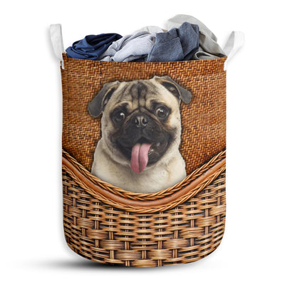 Pug Dog Rattan Teaxture - Laundry Basket - Owls Matrix LTD