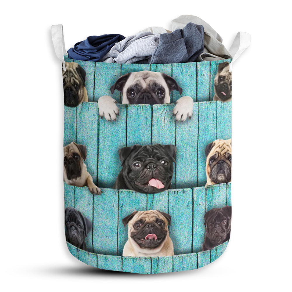 Pug Wood Blue - Laundry Basket - Owls Matrix LTD