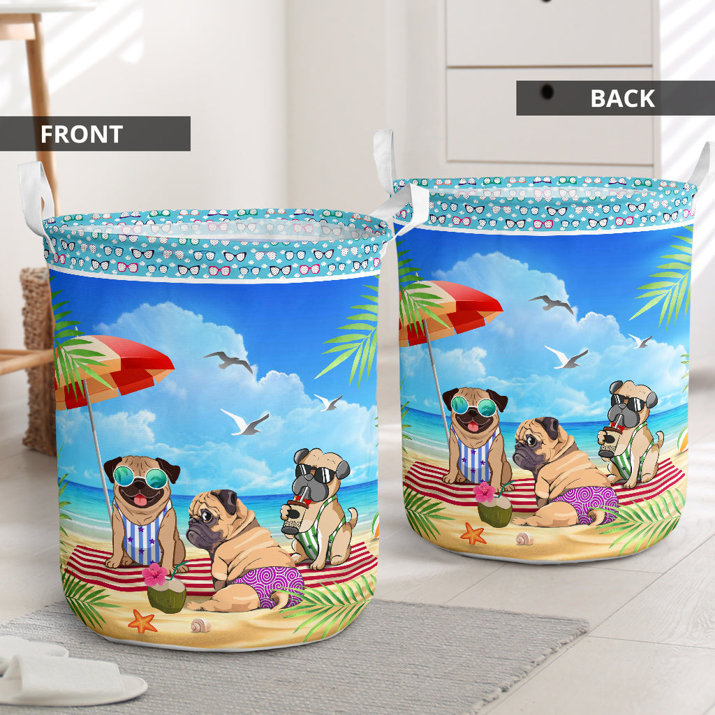 Pug Dog And Beach Summer - Laundry Basket - Owls Matrix LTD