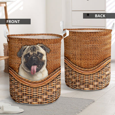 Pug Dog Rattan Teaxture - Laundry Basket - Owls Matrix LTD