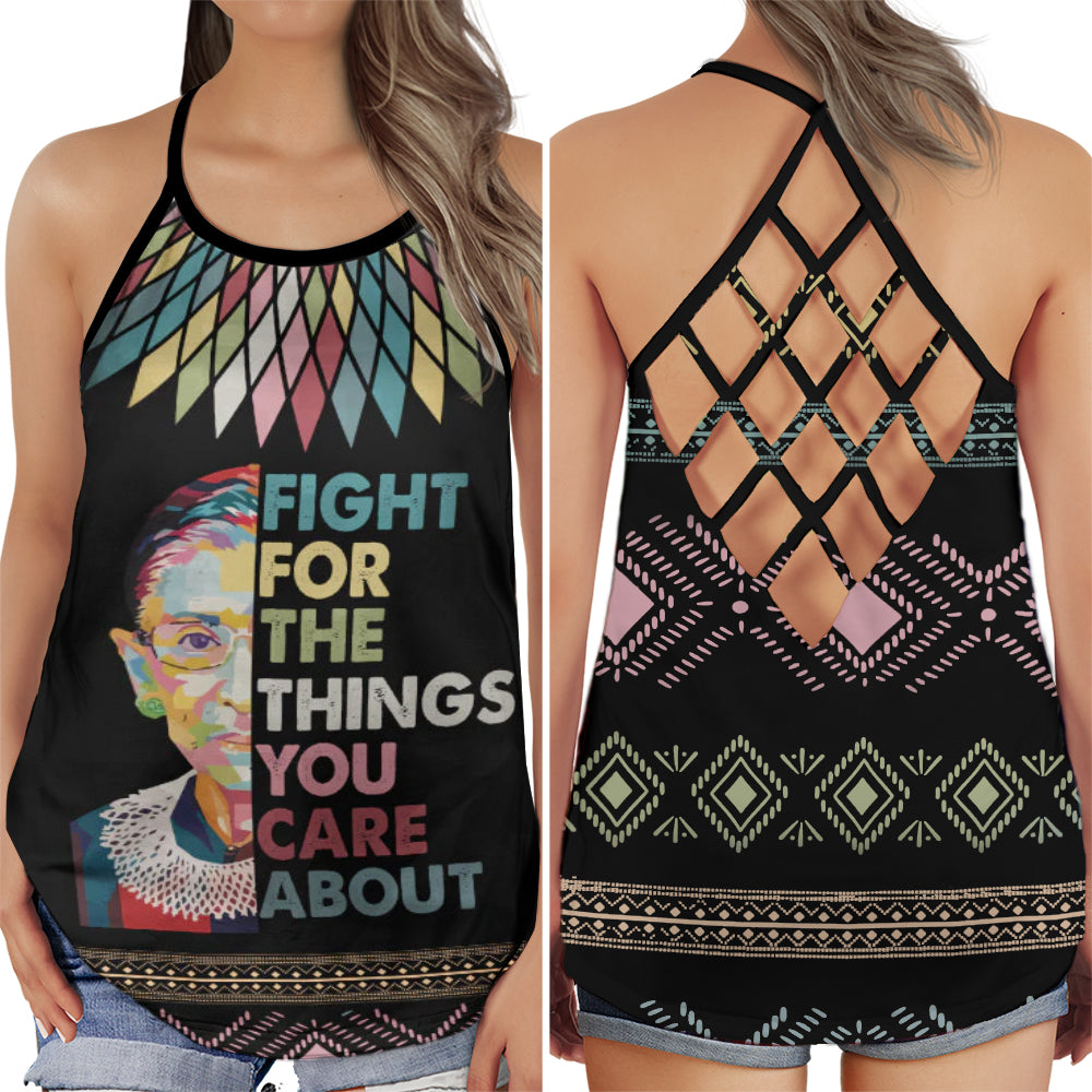 S RBG Fight For Thing You Care About - Cross Open Back Tank Top - Owls Matrix LTD