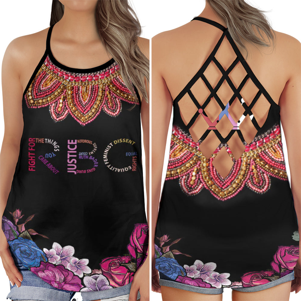 S RBG Fight For Thing You Care With Flower - Cross Open Back Tank Top - Owls Matrix LTD