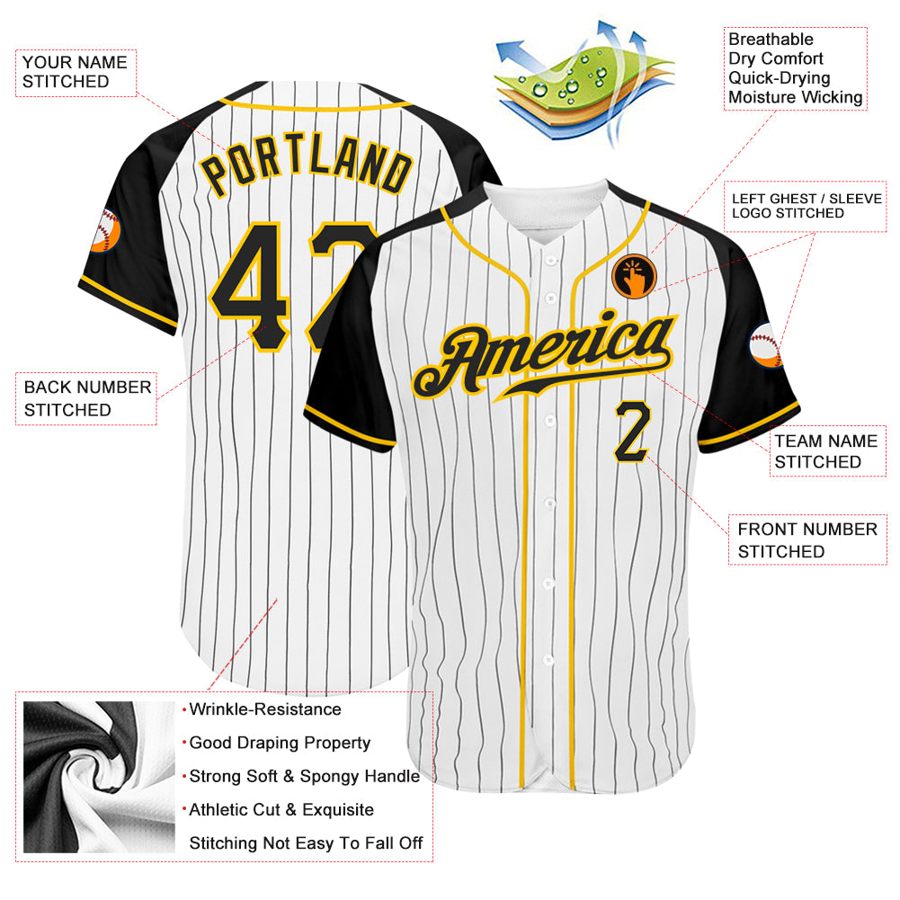 Custom White Black Pinstripe Black-Gold Authentic Raglan Sleeves Baseball Jersey - Owls Matrix LTD