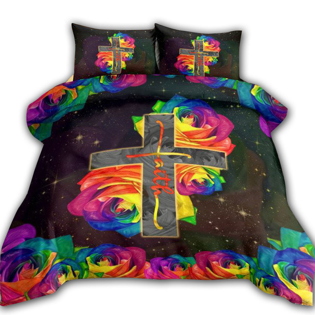 US / Twin (68" x 86") Jesus Lover Rose Cross Rainbow Jesus - Bedding Cover - Owls Matrix LTD
