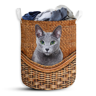 Russian Blue Cat Rattan Teaxture - Laundry Basket - Owls Matrix LTD