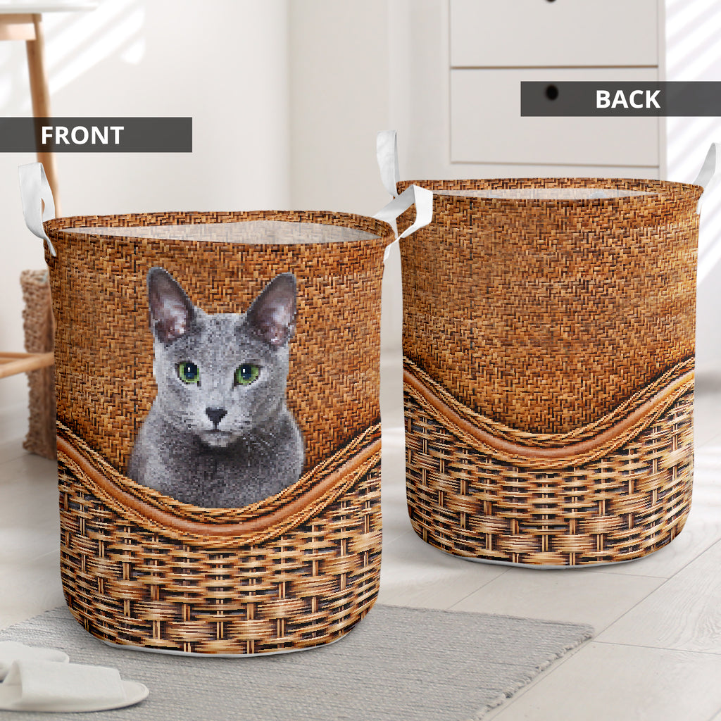 Russian Blue Cat Rattan Teaxture - Laundry Basket - Owls Matrix LTD