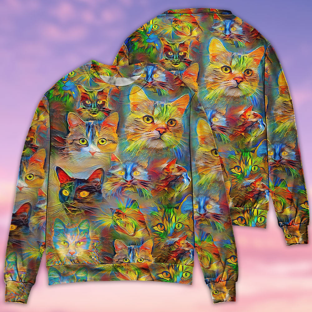 Cat Beautiful Colorfull Painting - Sweater - Ugly Christmas Sweaters - Owls Matrix LTD