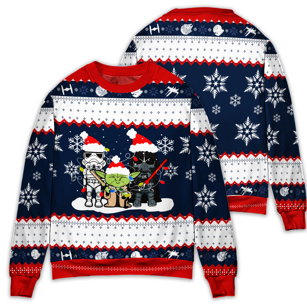 Christmas Star Wars Darth Vader Baby Yoda And Stormtrooper Merry Christmas - Sweater - Ugly Christmas Sweaters
