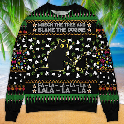Black Cat Wreck The Tree And Blame The Doggie Merry Christmas - Sweater - Ugly Christmas Sweaters - Owls Matrix LTD
