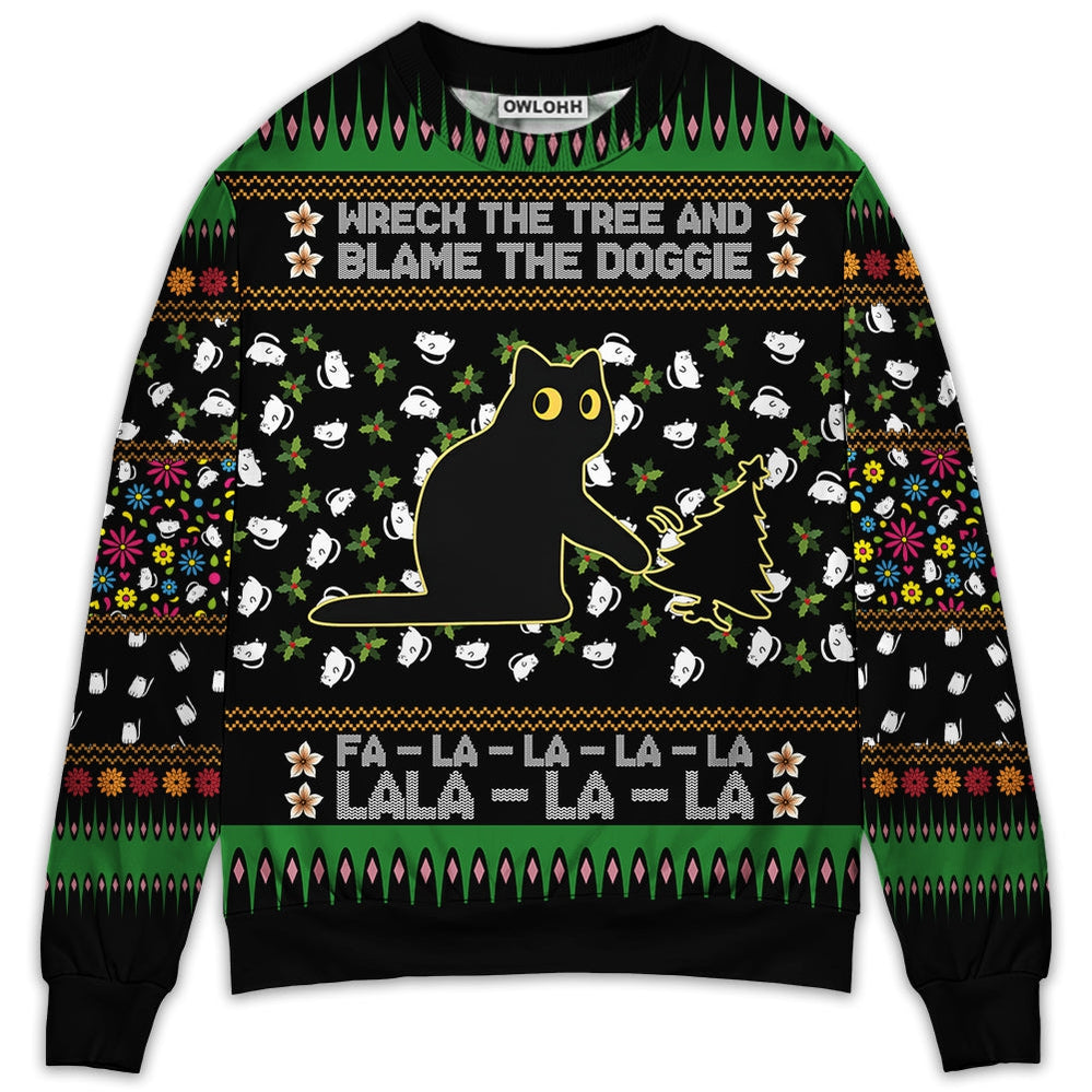 Sweater / S Black Cat Wreck The Tree And Blame The Doggie Merry Christmas - Sweater - Ugly Christmas Sweaters - Owls Matrix LTD