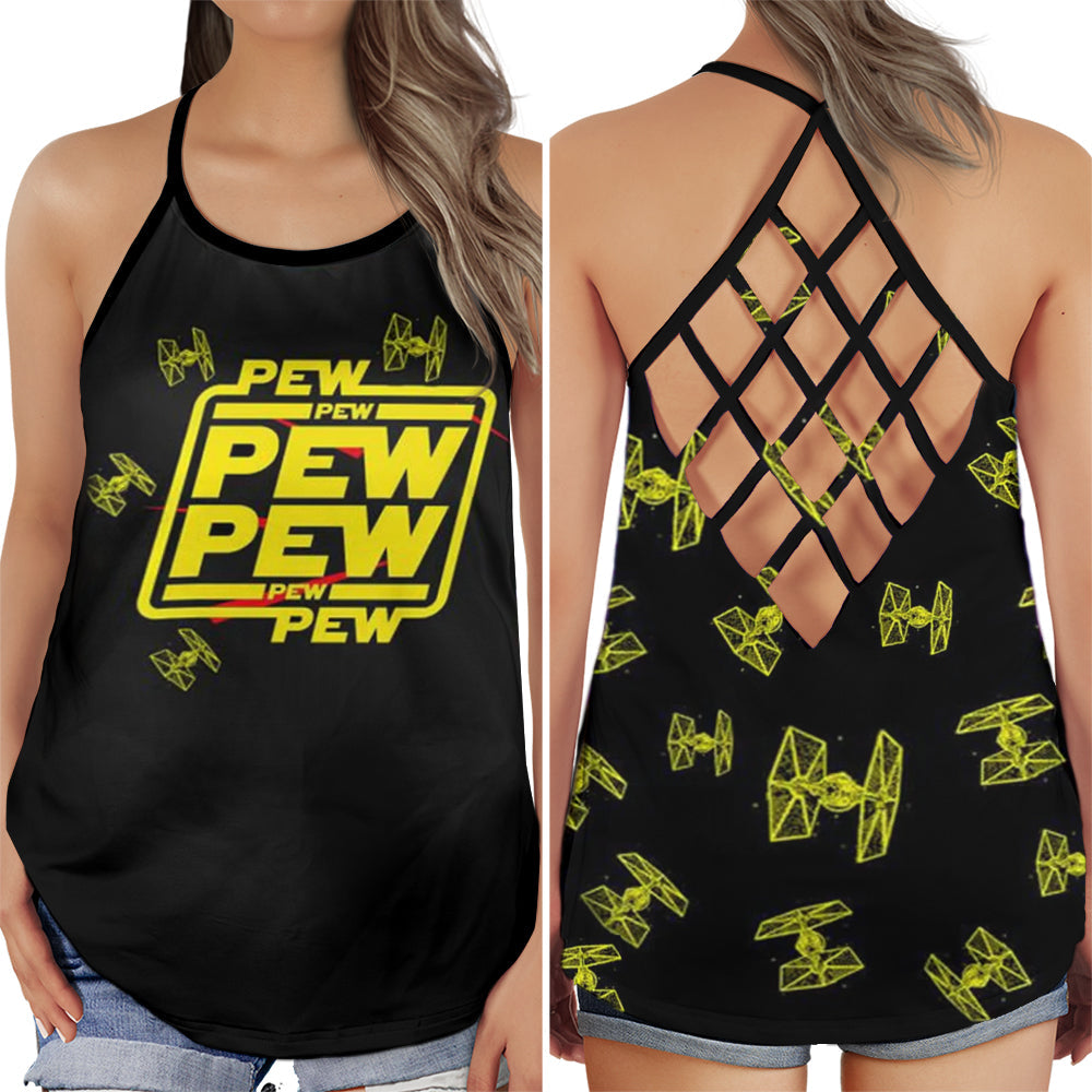 S SW Pew Pew Pew With Yellow - Cross Open Back Tank Top - Owls Matrix LTD