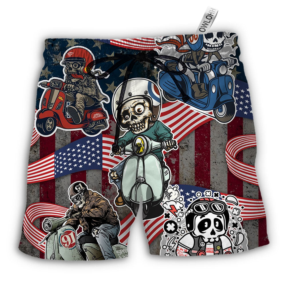 Beach Short / Adults / S Scooter Skeleton USA Flag Independence Day - Beach Short - Owls Matrix LTD