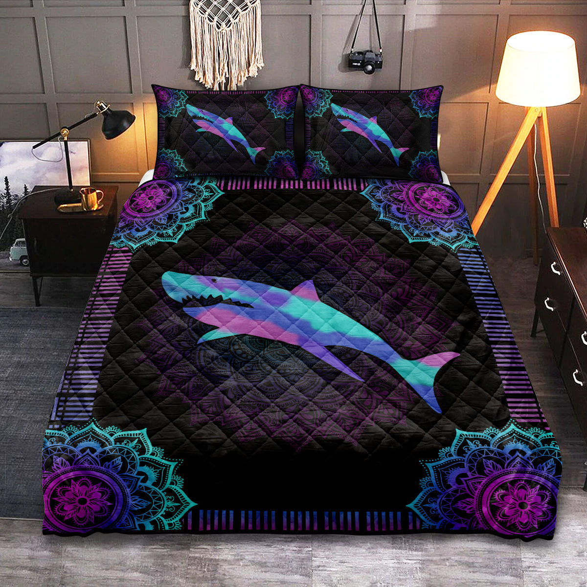 Shark Amazing Mandala Blue And Purple - Quilt Set - Owls Matrix LTD