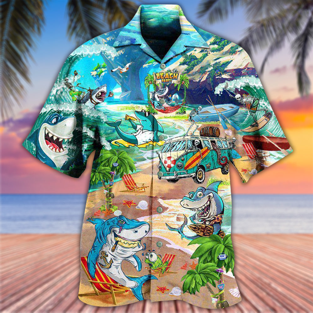 Shark And Skeletons On Beach Party - Hawaiian Shirt - Owls Matrix LTD