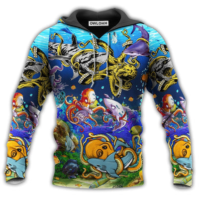 Unisex Hoodie / S Shark Fighting Lovely Octopus Colorful - Hoodie - Owls Matrix LTD