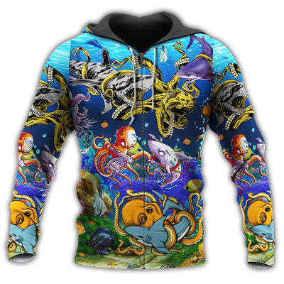 Zip Hoodie / S Shark Fighting Lovely Octopus Colorful - Hoodie - Owls Matrix LTD