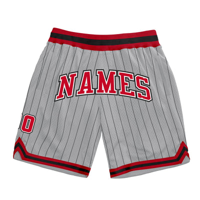 Custom Silver Gray Black Pinstripe Red-White Authentic Basketball Shorts