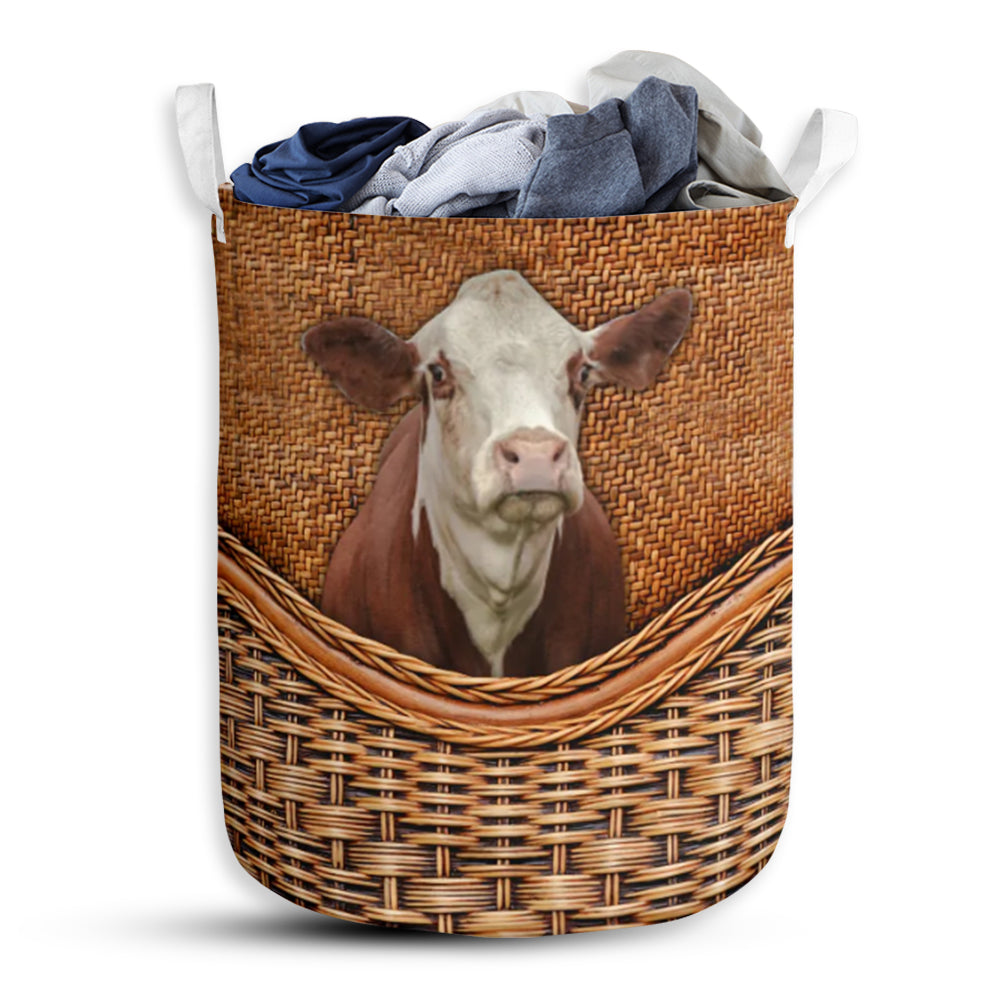 Cow Simmental Cattle Cow Rattan Teaxture - Laundry Basket - Owls Matrix LTD