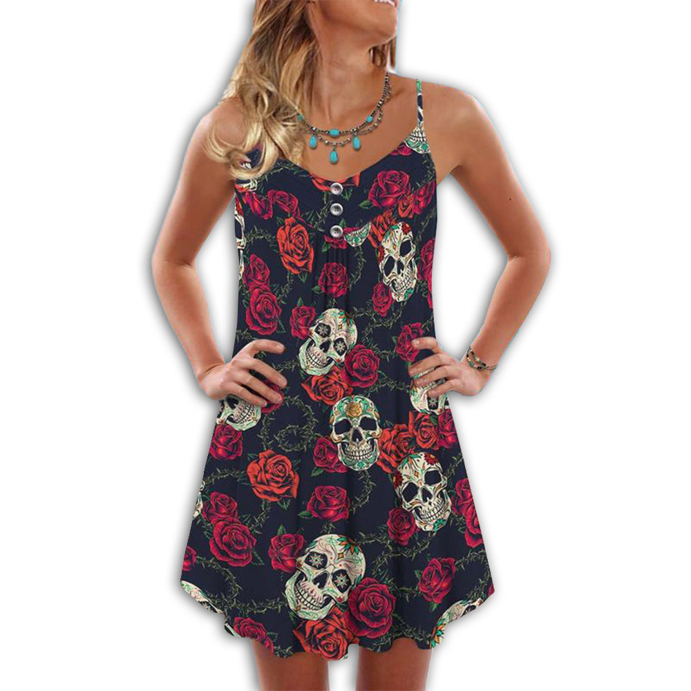 Skull Black And Red Rose - Summer Dress - Owls Matrix LTD